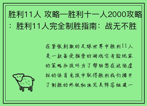 胜利11人 攻略—胜利十一人2000攻略：胜利11人完全制胜指南：战无不胜的策略大揭秘