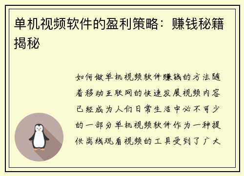 单机视频软件的盈利策略：赚钱秘籍揭秘